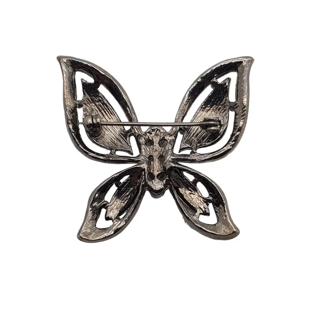 Dark Rhinestone Butterfly Brooch Pink Green Crystal Insect Vintage‎ Pin Gunmetal